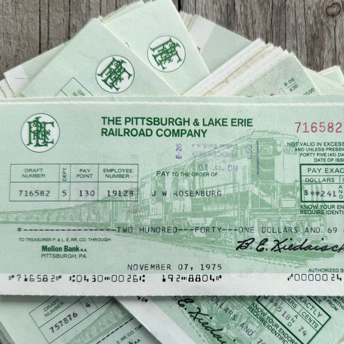 110 WHOLESALE 1970s Pittsburgh & Lake Erie Railroad Co Checks Train Vignette LOT