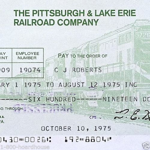 PITTSBURGH LAKE ERIE RAILROAD 1970s Payroll Checks