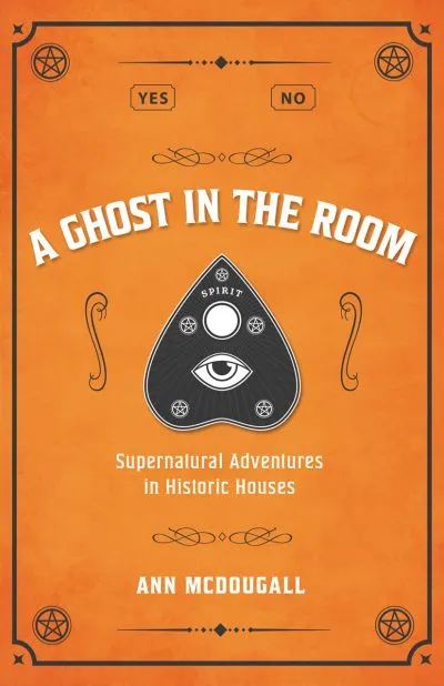 Book cover of 'A Ghost in the Room' by Ann McDougall with an orange background and black and white design elements.