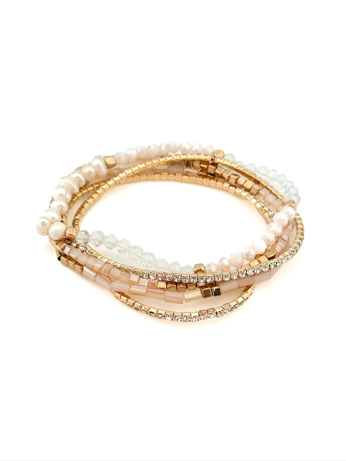 Amelie Bracelet Stack with pearl, blush, crystal, and gold beads from Ardor Boutique