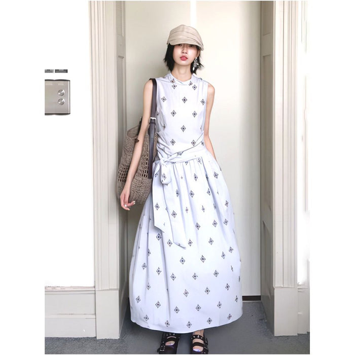 French style sleeveless printed mid waist tie waist A line dress for women slimming and elegant image 2