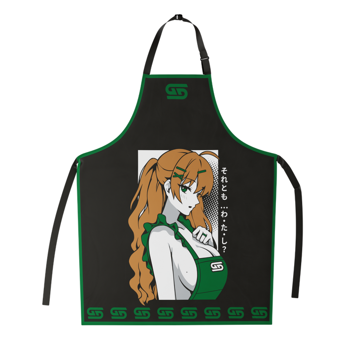 Black apron with green trim featuring an anime-style red-haired girl in a green outfit and Japanese text on the front.