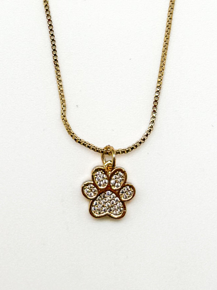 Gold necklace with a paw-shaped pendant on a white background