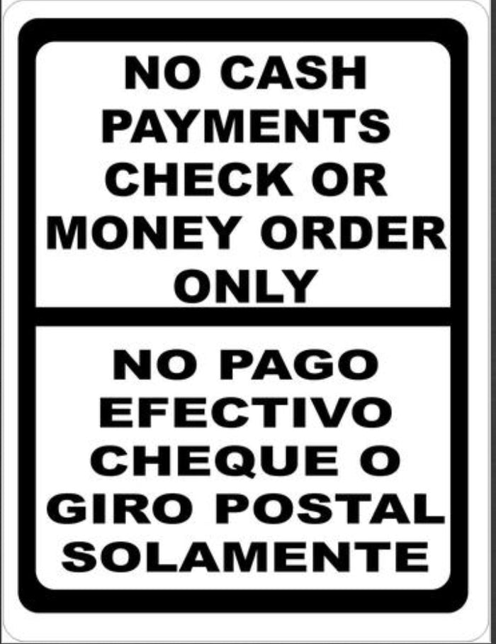 Bilingual No Cash-Checks or Money Orders Only Sign