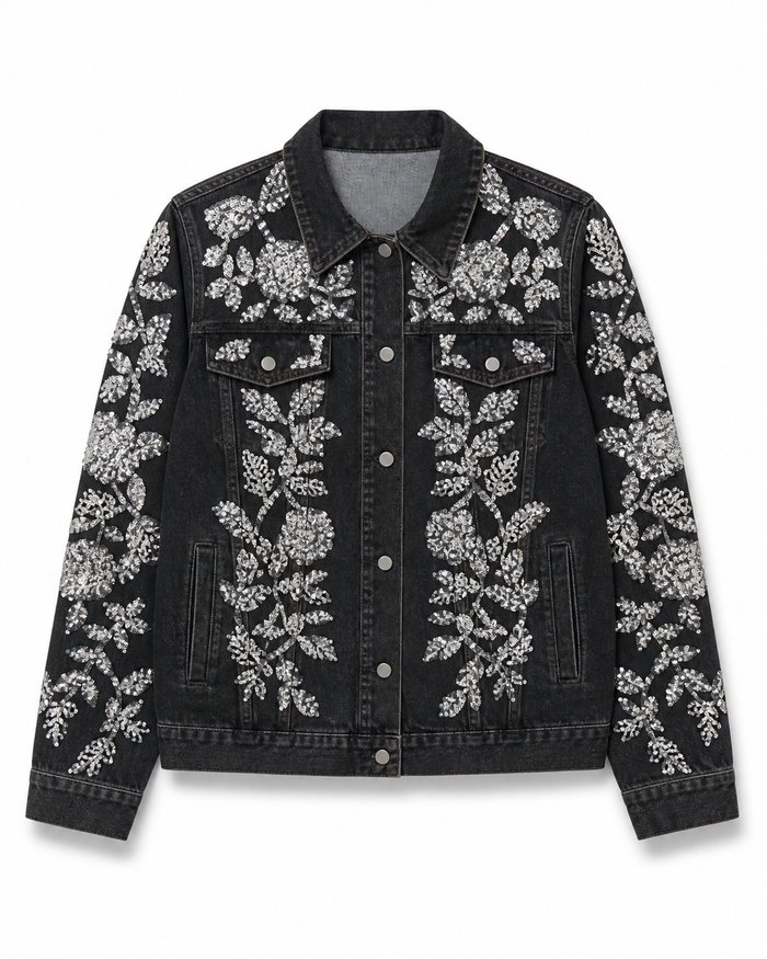 Black Crystal Floral Embellished Denim Jacket
