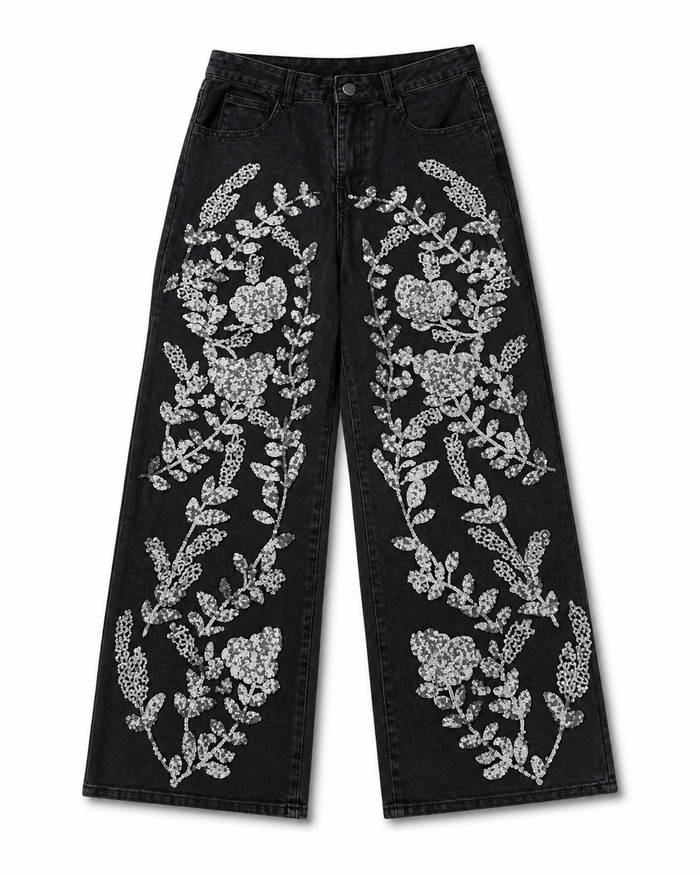 Black Crystal Floral Embellished Denim Jacket