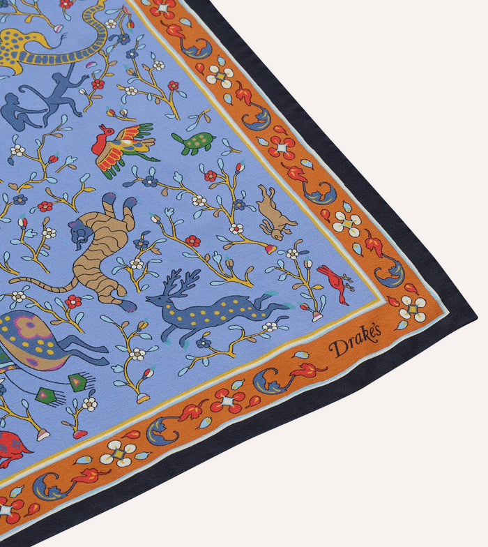 Blue Animals and Flowers Print Silk Bandana