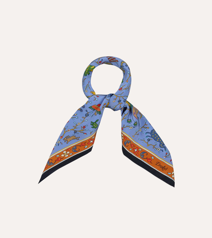 Blue Animals and Flowers Print Silk Bandana