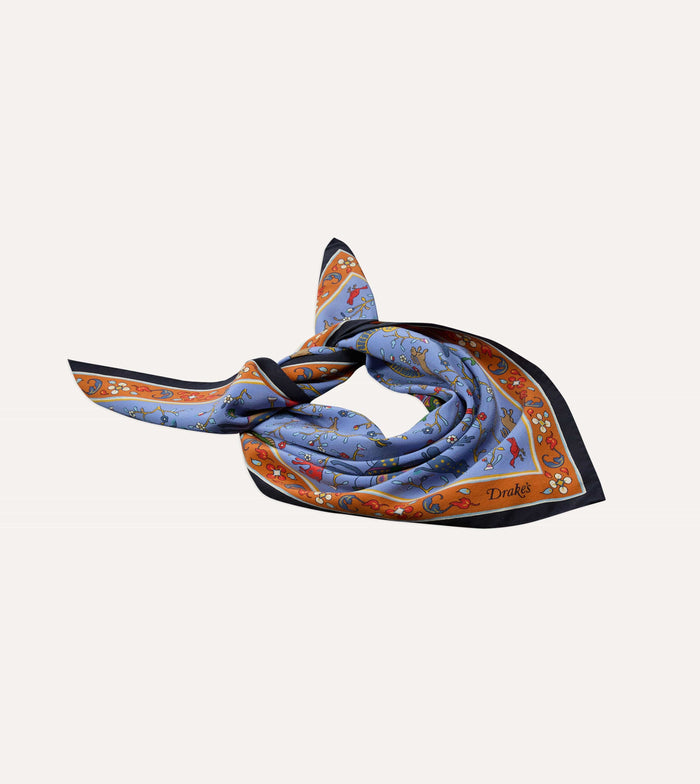 Blue Animals and Flowers Print Silk Bandana