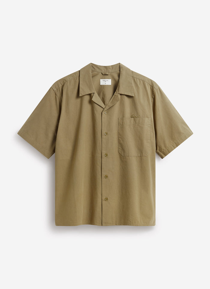 The Percival Boxy Cropped Cuban Collar Shirt in olive green, displayed flat against a white studio background.
