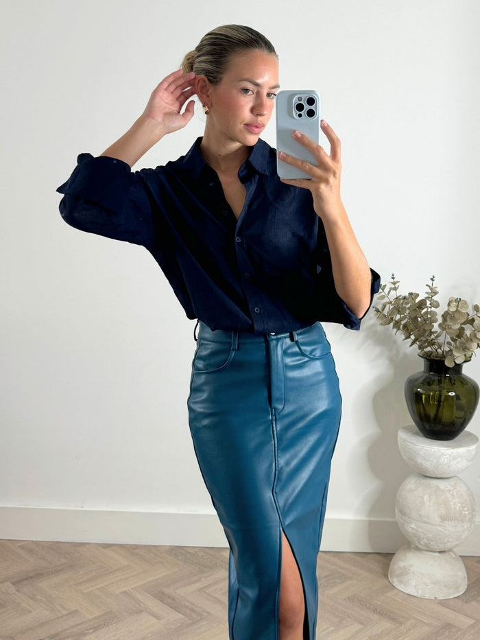 Brielle Pu Midi Skirt in Teal - Style Cheat