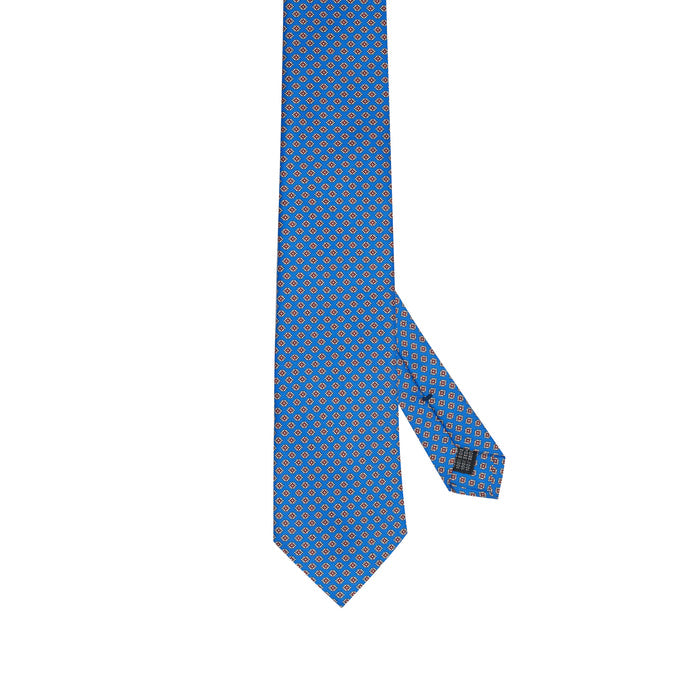 Bright Blue 100% Italian Silk Tie With Micro Red Floral Pattern
