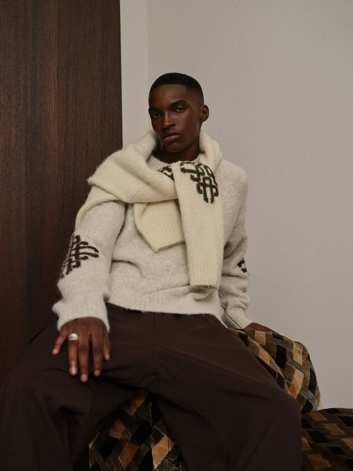 BRUSHED EMBLEM SLEEVE KNITTED CREW - BEIGE