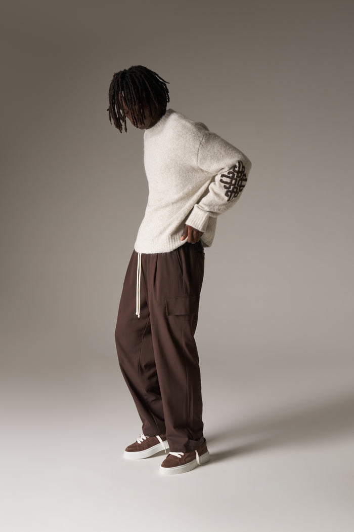 BRUSHED EMBLEM SLEEVE KNITTED CREW - BEIGE