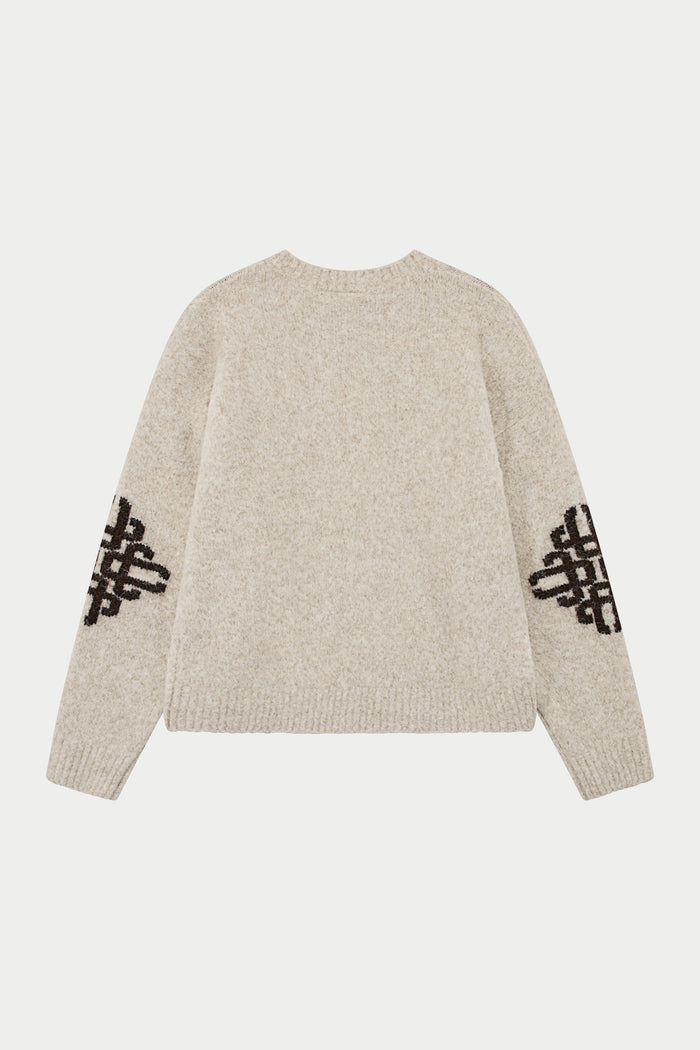 BRUSHED EMBLEM SLEEVE KNITTED CREW - BEIGE