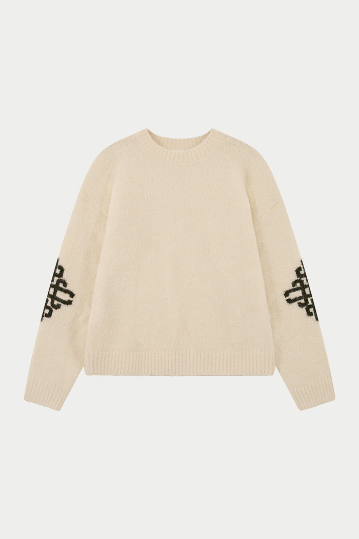 BRUSHED EMBLEM SLEEVE KNITTED CREW - OFF WHITE