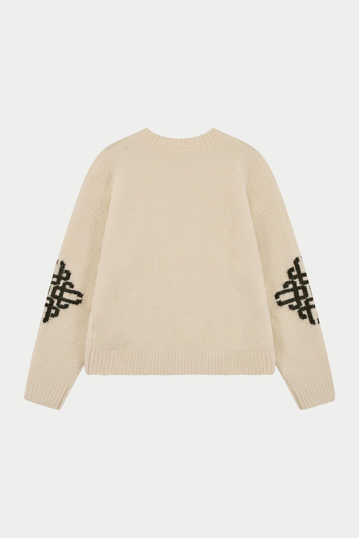 BRUSHED EMBLEM SLEEVE KNITTED CREW - OFF WHITE