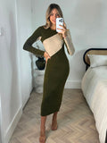Brynn Knitted Colourblock Midaxi Dress in Stone & Khaki - Style Cheat