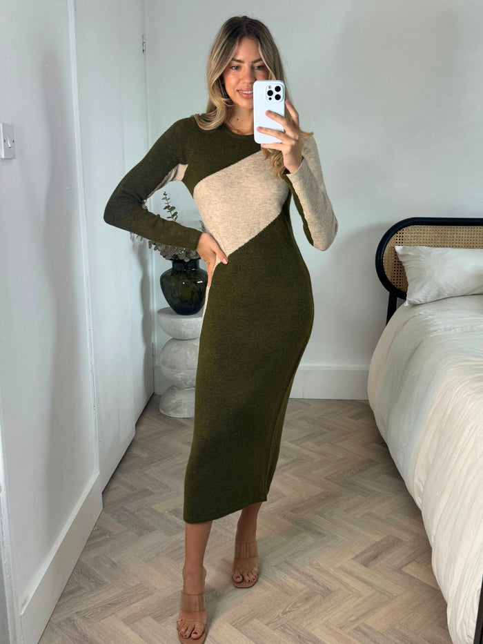Brynn Knitted Colourblock Midaxi Dress in Stone & Khaki - Style Cheat