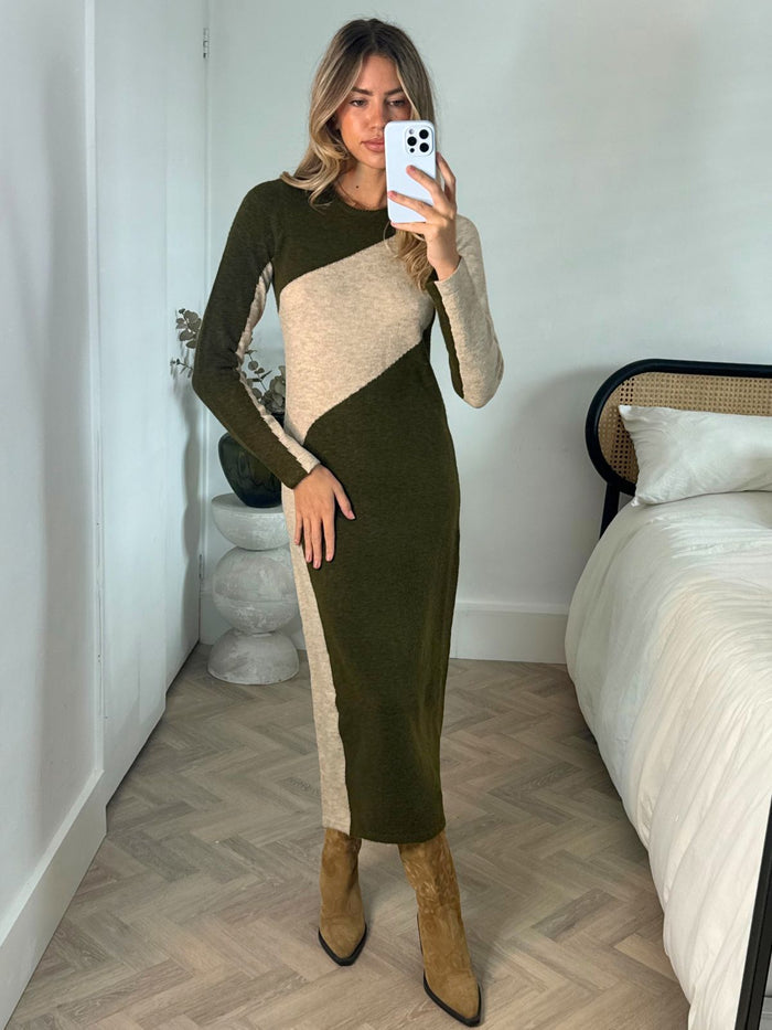 Brynn Knitted Colourblock Midaxi Dress in Stone & Khaki - Style Cheat