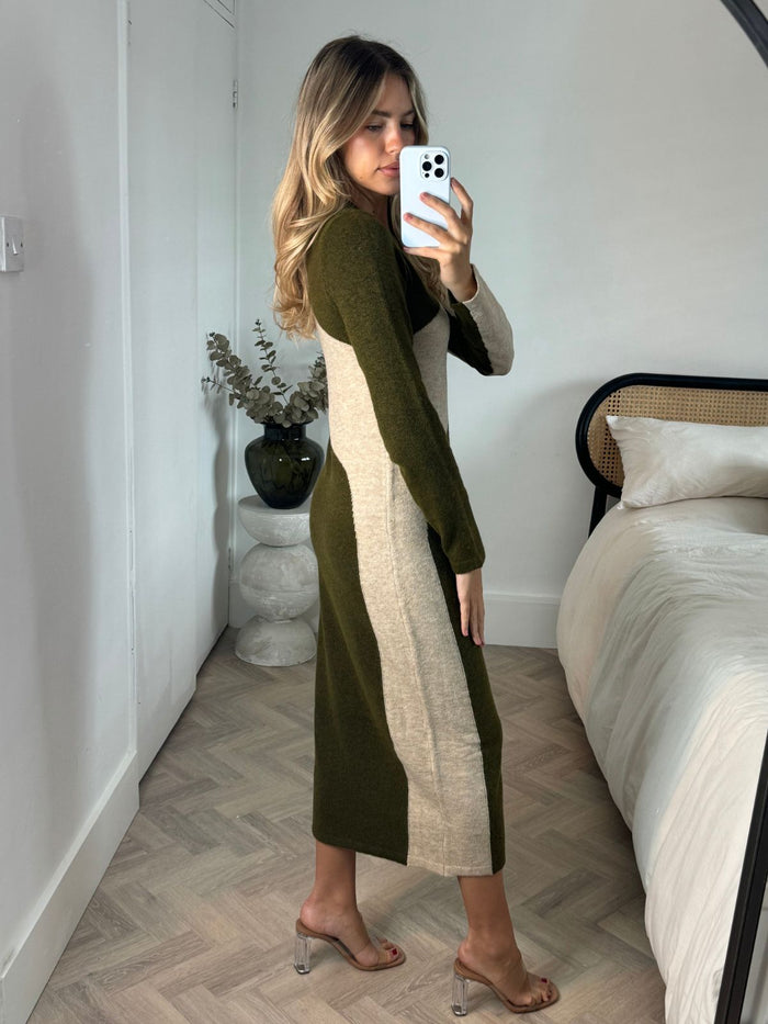 Brynn Knitted Colourblock Midaxi Dress in Stone & Khaki - Style Cheat