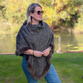 Button Collar Faux Fur Trimmed Poncho - Brown