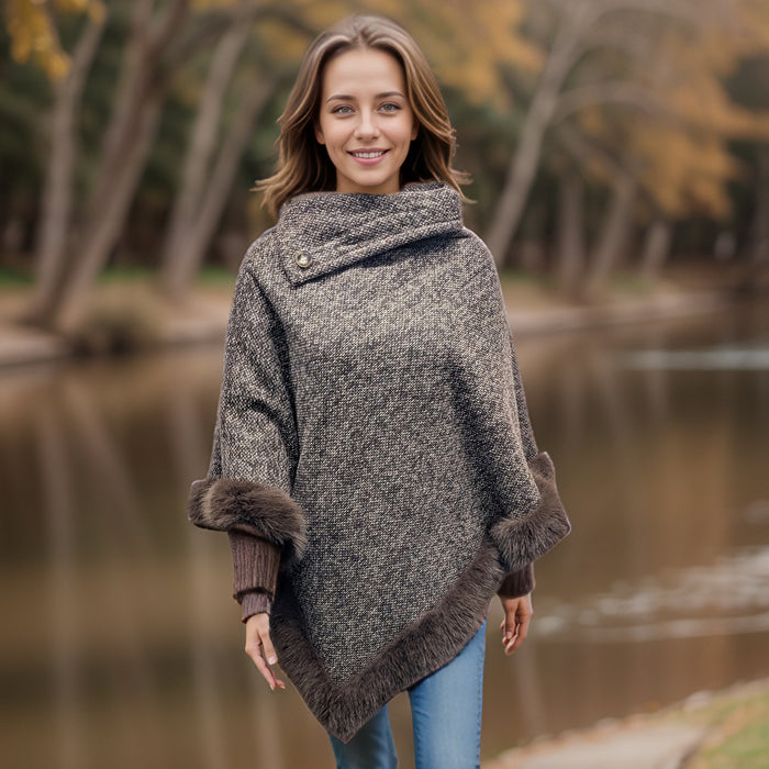 Button Collar Faux Fur Trimmed Poncho - Brown