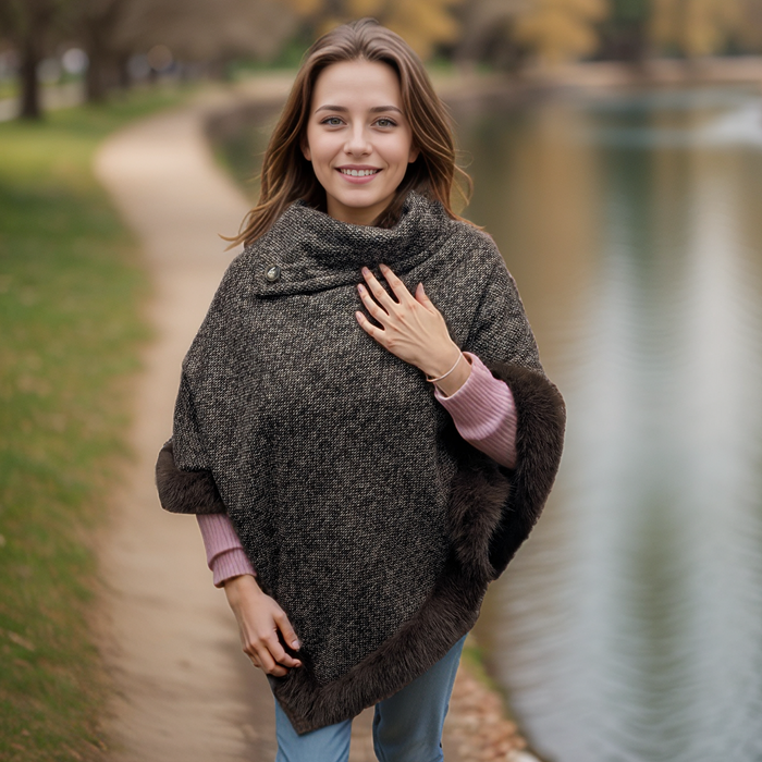 Button Collar Faux Fur Trimmed Poncho - Brown