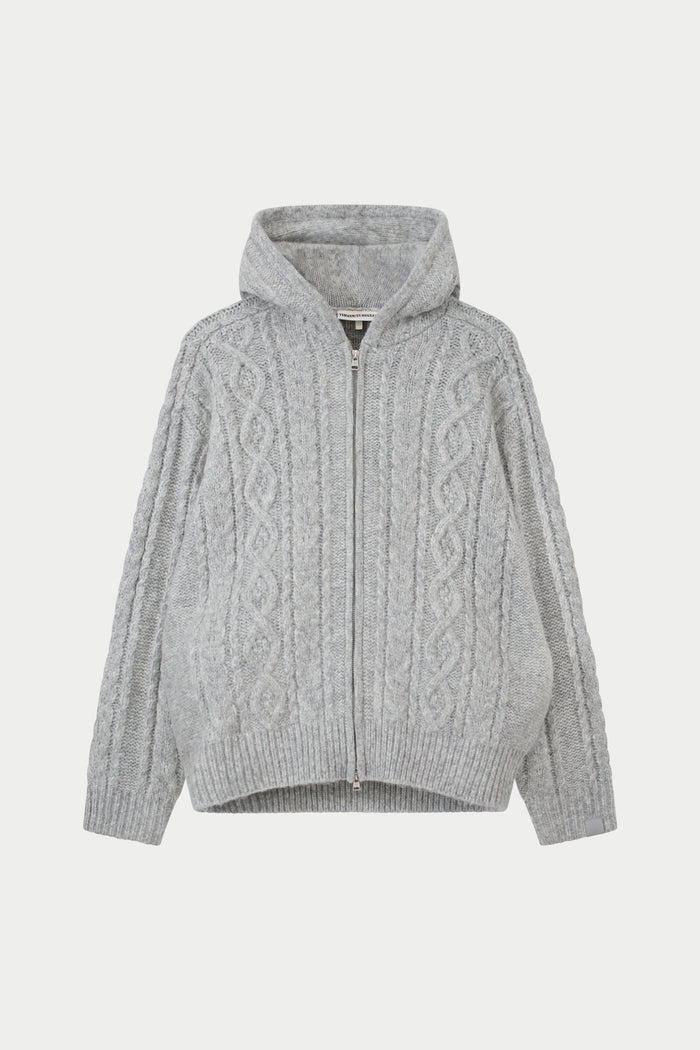 CABLE KNIT ZIP THROUGH HOODIE - GREY