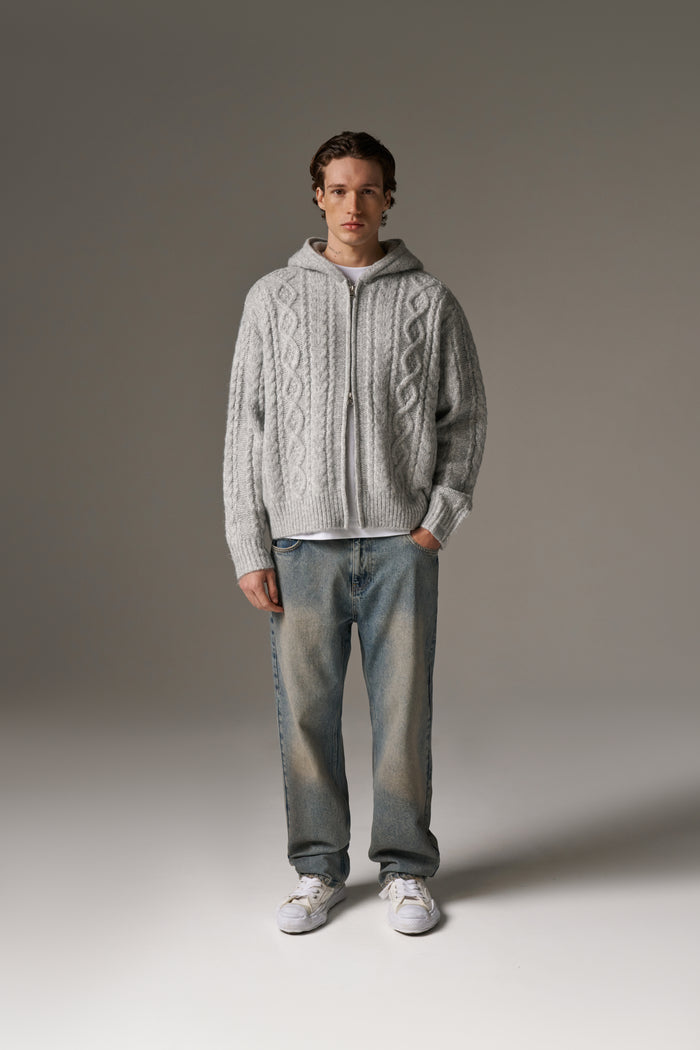 CABLE KNIT ZIP THROUGH HOODIE - GREY