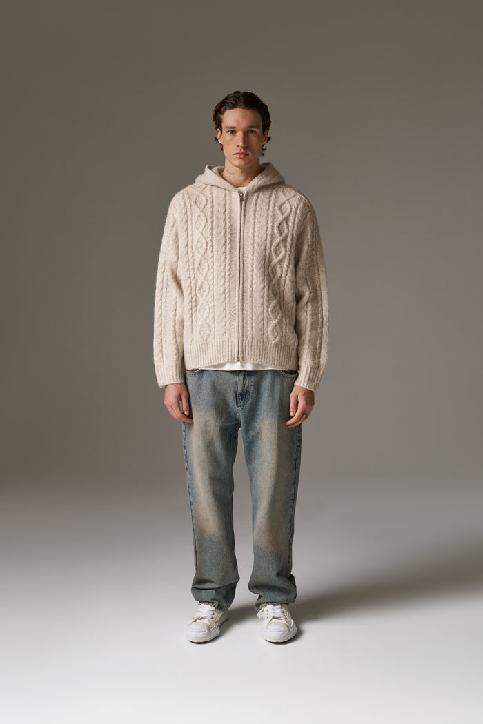 CABLE KNIT ZIP THROUGH HOODIE - STONE