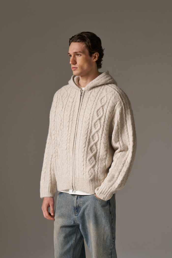 CABLE KNIT ZIP THROUGH HOODIE - STONE