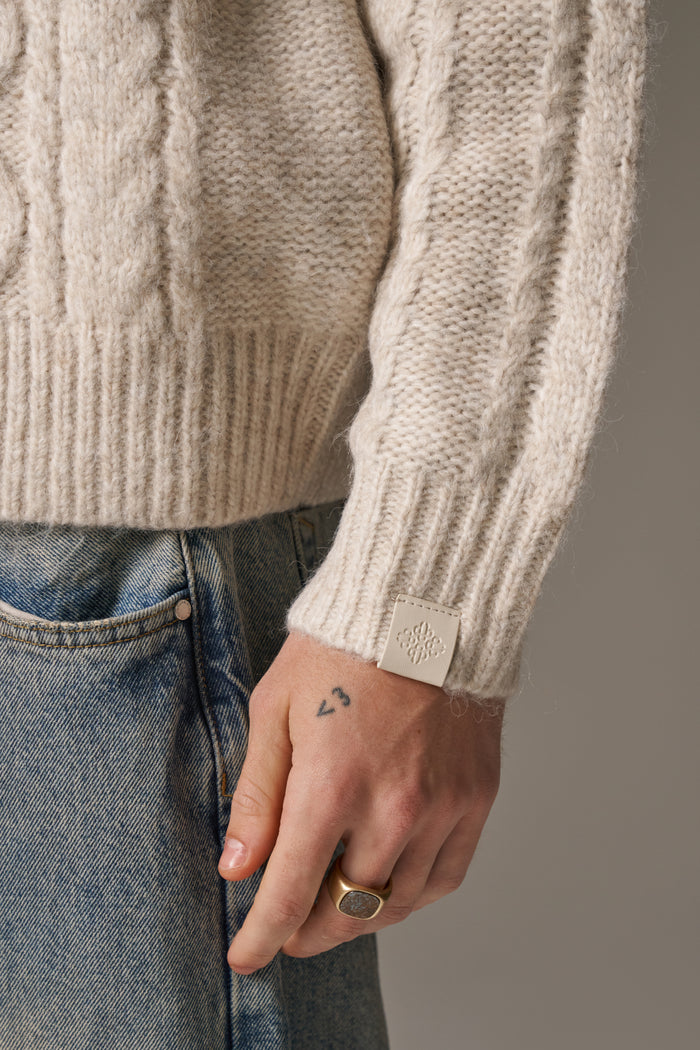 CABLE KNIT ZIP THROUGH HOODIE - STONE