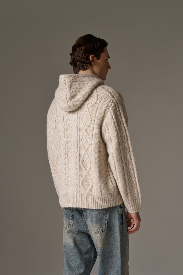 CABLE KNIT ZIP THROUGH HOODIE - STONE
