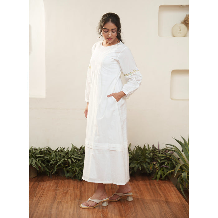 White Cotton and Chanderi Dress - OurDve