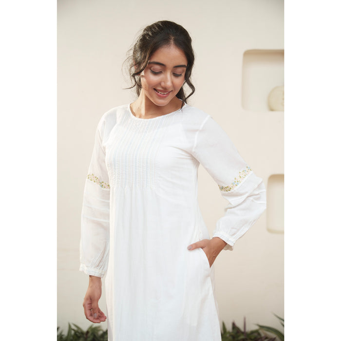 White Cotton and Chanderi Dress - OurDve