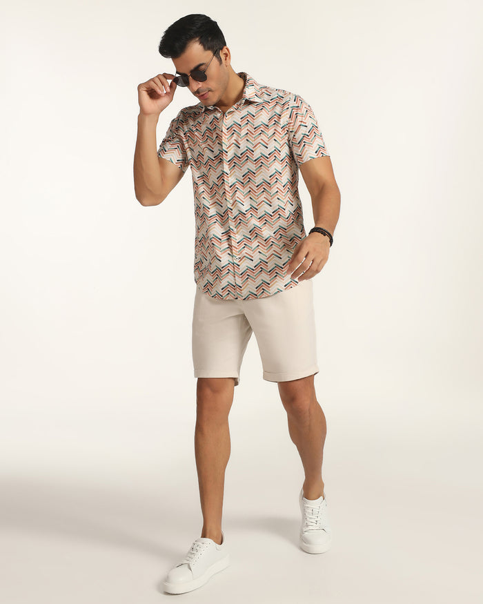 Casual Half Sleeve Beige Printed Shirt - Alba