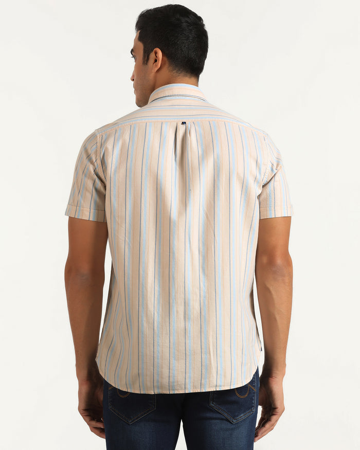 Casual Half Sleeve Beige Stripe Shirt - masami