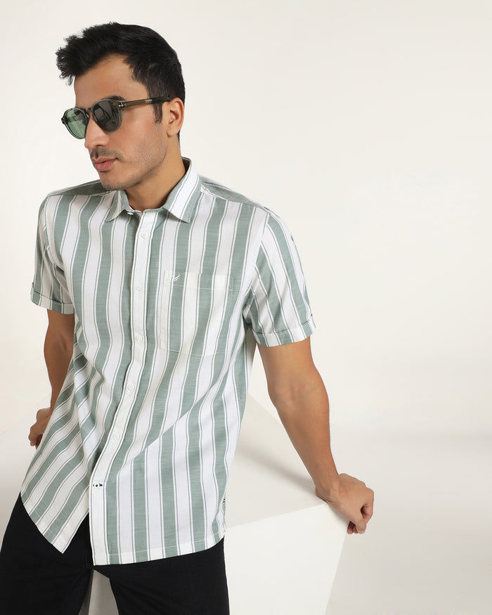 Casual Half Sleeve Green Stripe Shirt - Delmor