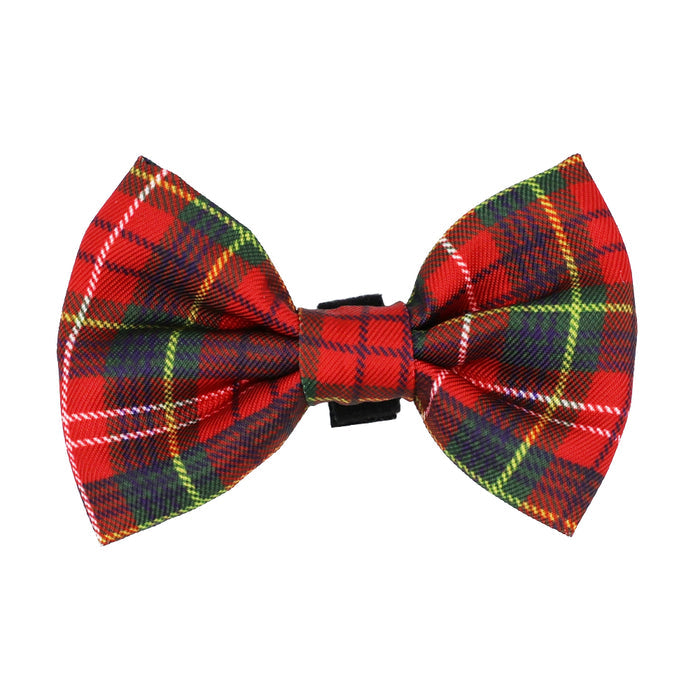 The Sassy Woof Cat Bowtie - Deck the Paws features a red plaid tartan pattern with green, yellow, blue, and white lines—perfect for a holiday cat outfit—shown on a white background.