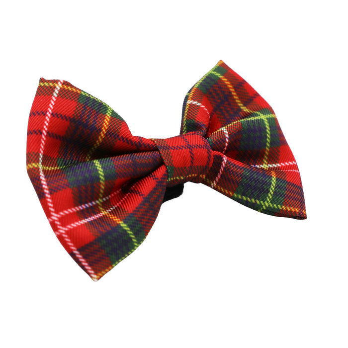 The Sassy Woof Cat Bowtie - Deck the Paws, featuring red plaid with green, yellow, blue, and white stripes atop a matching collar, makes a festive holiday cat outfit against a plain white background.