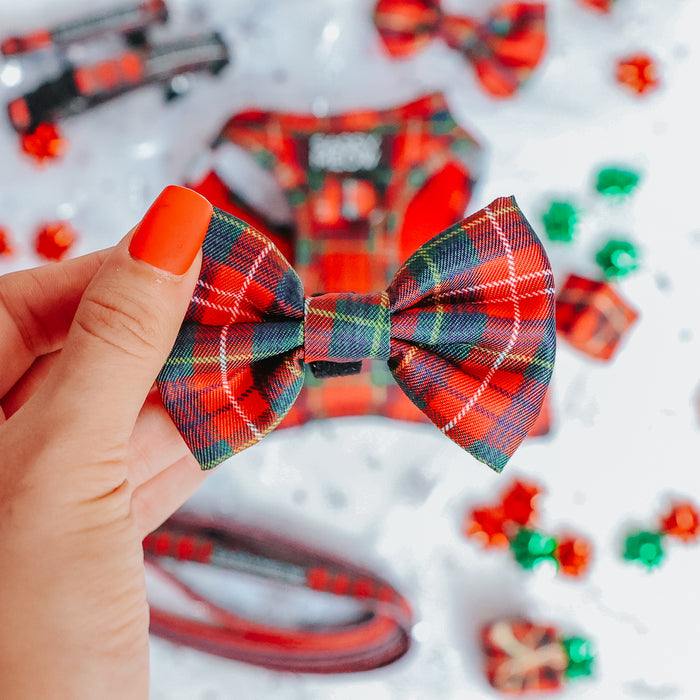A hand with bright orange-red nails holds the Sassy Woof Cat Bowtie - Deck the Paws, a festive red, green, blue, and white plaid accessory—perfect for holiday cat outfits. Blurry holiday decor and matching plaid collars appear in the background.
