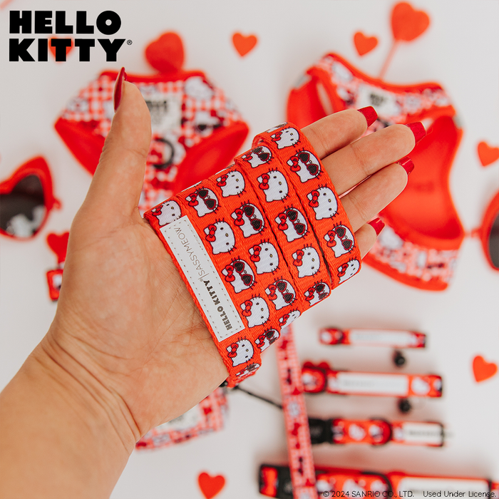 A hand holds the Sassy Woof Cat Leash - Hello Kitty® Red Classic, featuring a soft neoprene handle. In the background are matching Hello Kitty-themed pet accessories and heart shapes from the Sanrio collection. The HELLO KITTY logo is at top left.