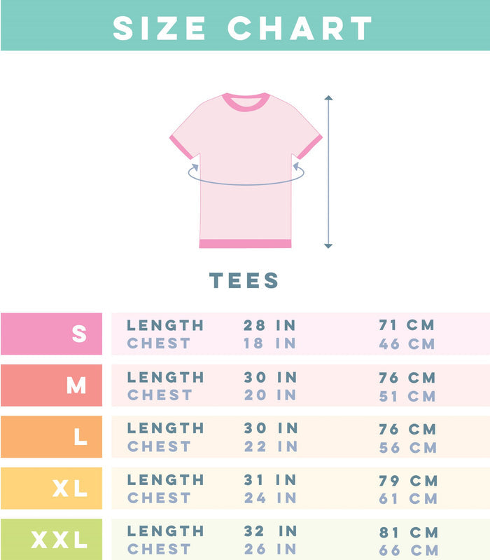 The size chart for the Sassy Woof Human Tee - Good Luck Charm (Green) shows S–XXL in inches and centimeters, with a diagram of chest and length. Each size row features different colors for easy reference—ideal for finding your lucky tee!.