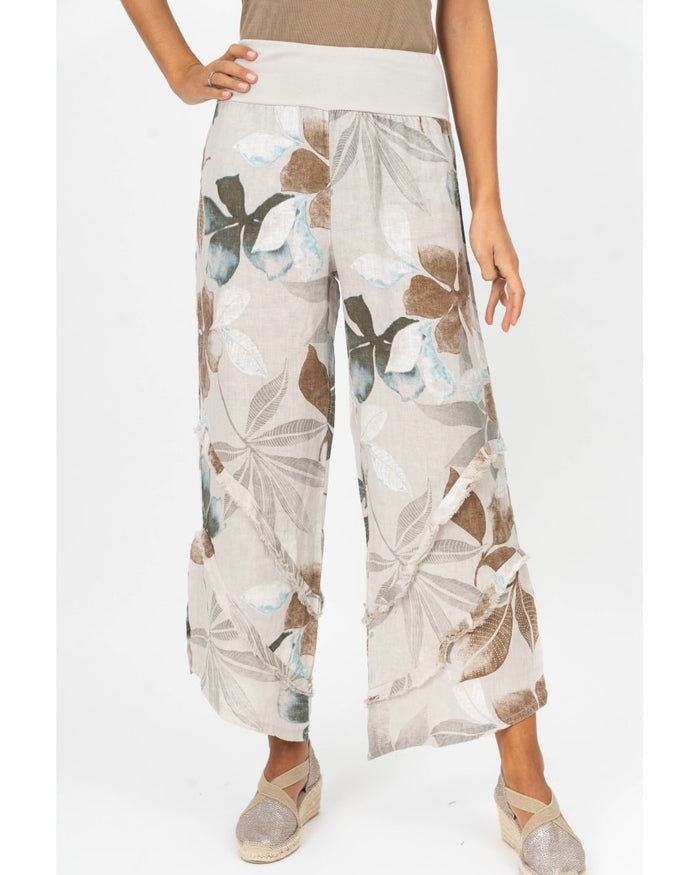 Front view of Catherine Linen Pants in Beige Floral on model