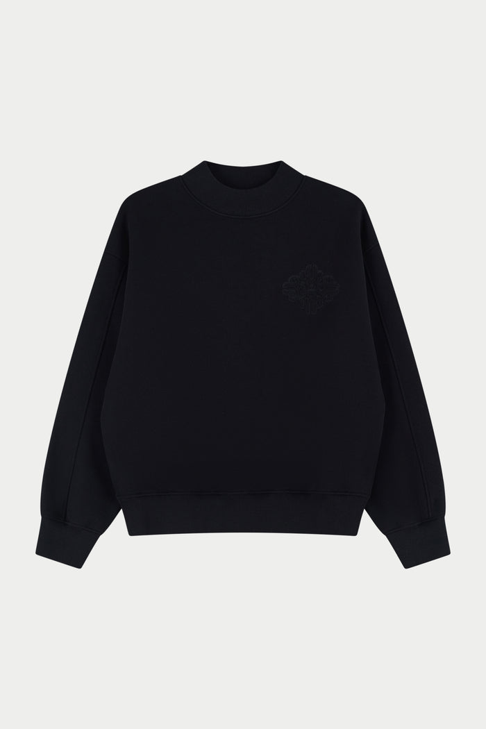 CHENILLE EMBLEM MOCK NECK CREW - BLACK