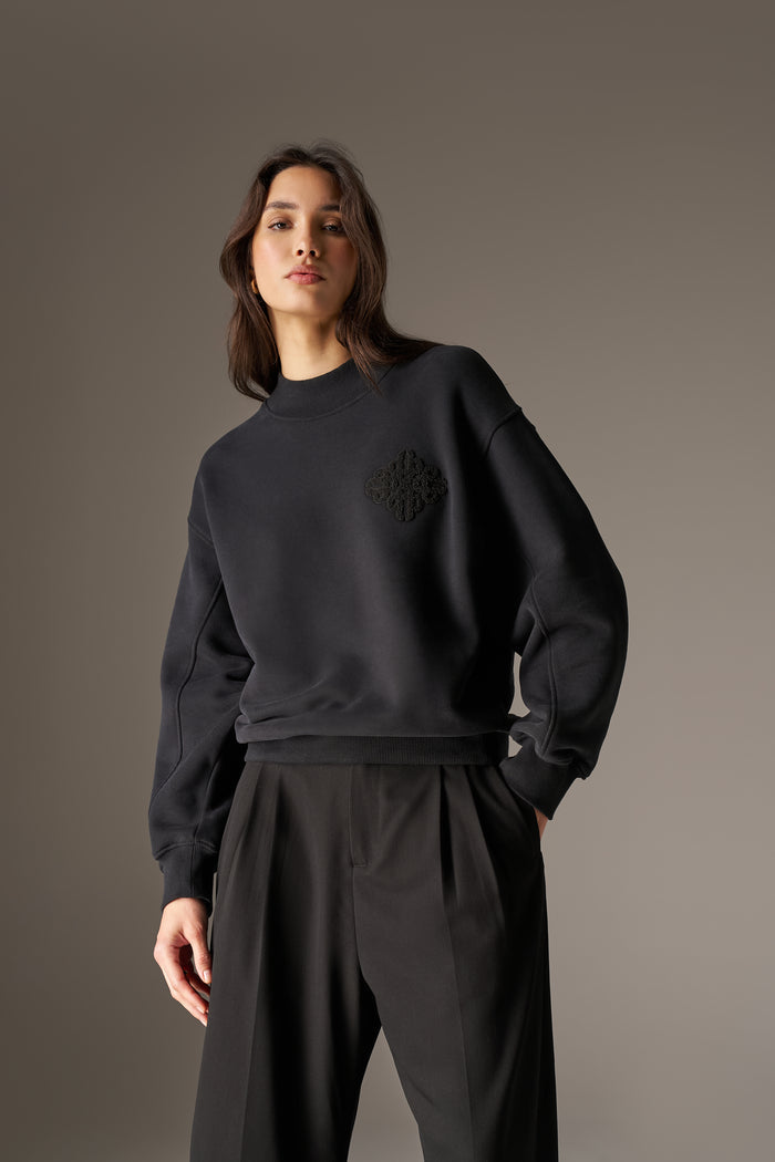 CHENILLE EMBLEM MOCK NECK CREW - BLACK