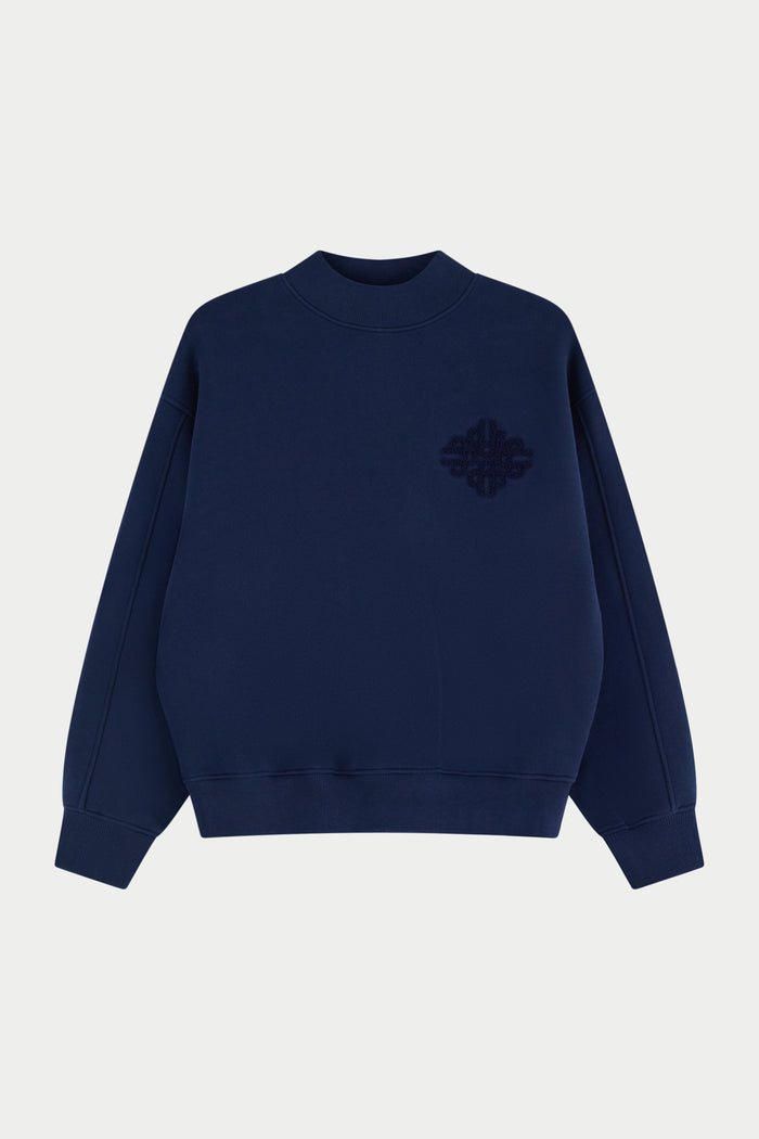 CHENILLE EMBLEM MOCK NECK CREW - DARK NAVY