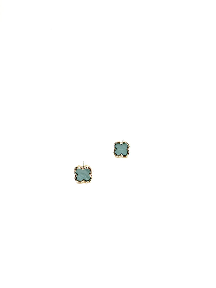 Clover-shaped light blue stud earrings with gold beaded border on white background