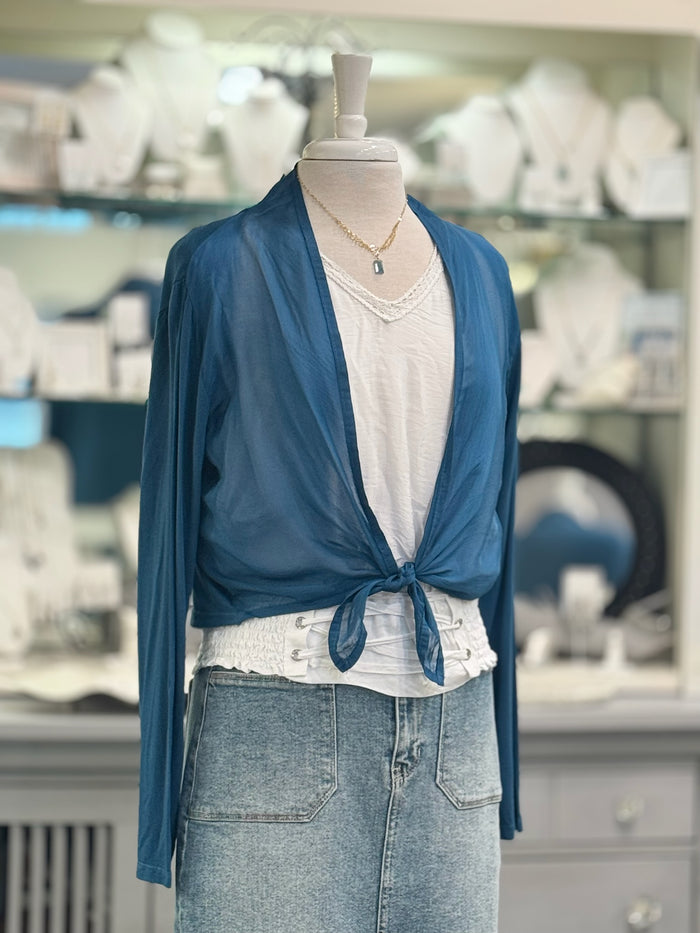 Chloe silk cardigan in Prussian Blue tied in front with Alex blouse in white